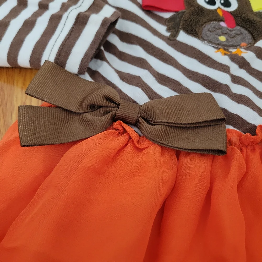 Peaches & Cream Baby Girl Thanksgiving Shirt Size 18 Months Turkey Stripes Bow